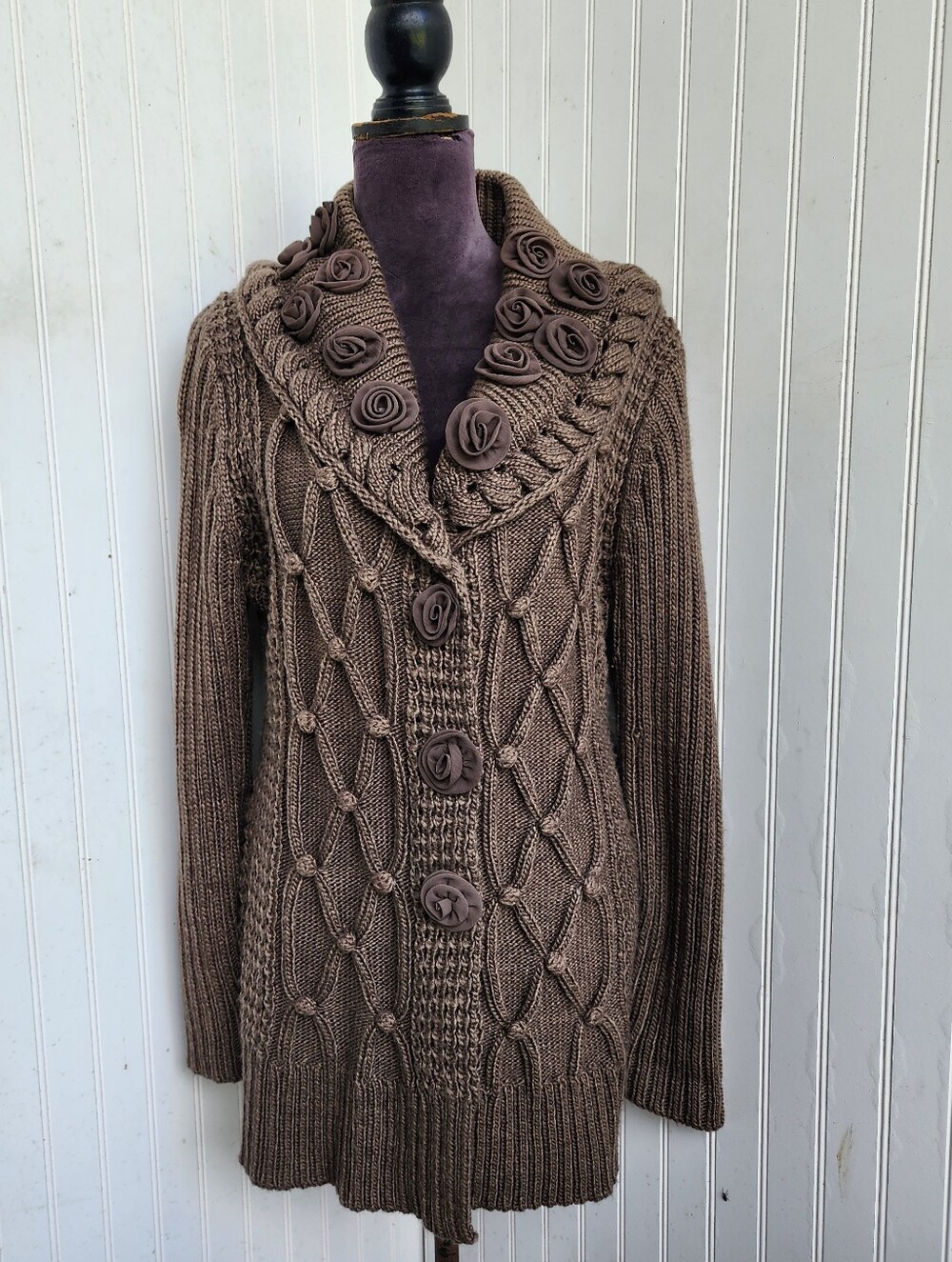 Roz & Ali Sweater Cardigan Chunky Womens Wool Acrylic Rose Applique Brown XL
